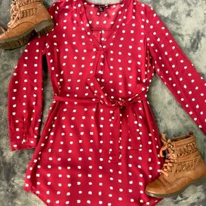 Red polka doted, long sleeve, waist tie dress
